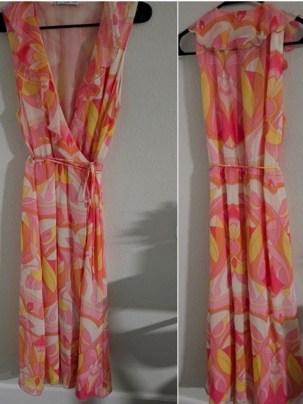 Mango Pink, Yellow & Orange Abstract Print Sleeveless Wrap Dress